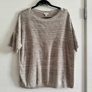 J. Jill Purejill Linen Knit Top Gray Crew Neck Slit Pullover Short Sleeve Sz L